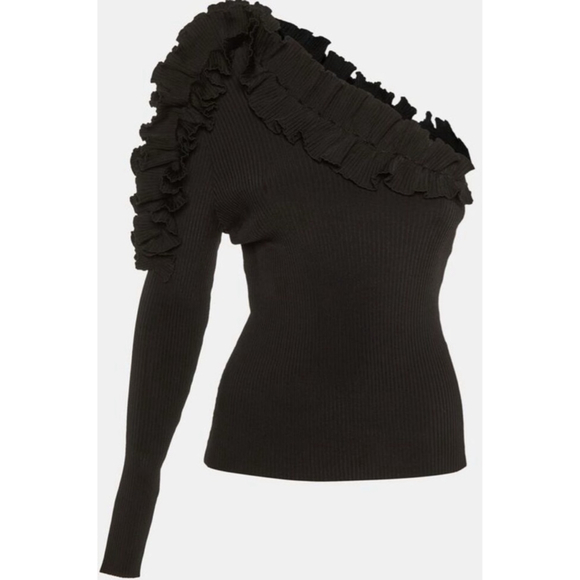 New Zimmermann Black Ruffled One Shoulder Ribbed Knit Top L/3 - Picture 1 of 3